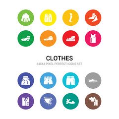 16 clothes vector icons set included pyjamas, sandals, shawl, shirt, shoes, short, shorts, skirt, sleeveless shirt, sneaker, soccer shoe icons