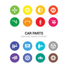 16 car parts vector icons set included car spare wheel, car speedometer, sprocket, starter, steering wheel, sump, sunroof or sunshine roof, suspension, tailgate, tailpipe, torsion bar icons