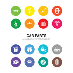 16 car parts vector icons set included car oil filter, car oil pump, parcel shelf, parking light, pedal, petrol cap, petrol gauge, petrol tank, piston, radiator, rear-view mirror icons