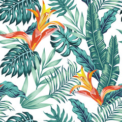 Seamless pattern tropical leaves flowers white background - 267418432