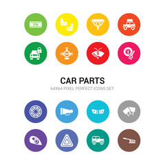 16 car parts vector icons set included car handbrake, car hard top, hazard lights, headlight, headrest, hood, horn, hubcap, ignition, indicator, jack icons