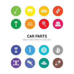 16 car parts vector icons set included car camshaft, car carburettor, catalytic converter, chassis, choke, clutch, coil, connecting rod, cowl, crank, crankshaft icons