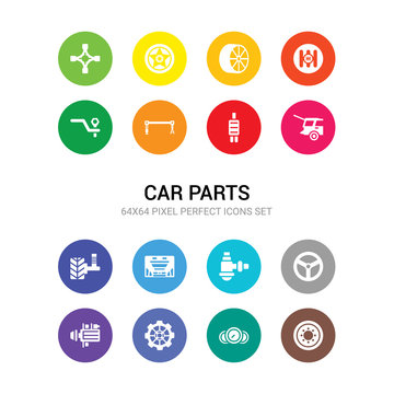 16 Car Parts Vector Icons Set Included Car Spare Wheel, Car Speedometer, Sprocket, Starter, Steering Wheel, Sump, Sunroof Or Sunshine Roof, Suspension, Tailgate, Tailpipe, Torsion Bar Icons