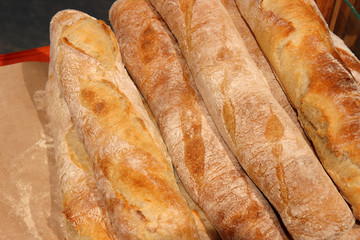Loaf of bread.  Many fresh baguettes. Baguettes from bakery.