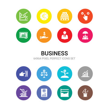 16 business vector icons set included dividend yield, dow jones industrial average, ebit, ebitda, earnings per share (eps), economic growth, economies of scale, elasticity, endowment policy,