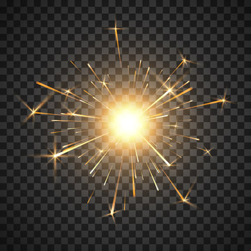 Bengal fire. Burning shiny sparkler firework. Realistic light effect. Party decor element. Magic light. Vector illustration isolated on transparent background