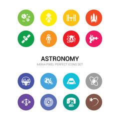 16 astronomy vector icons set included shooting star, simulator, solar system, solstice, space, space capsule, space collision, colony, gun, junk, robot icons