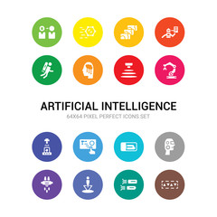 16 artificial intelligence vector icons set included high capacity color barcode, high speed tube, hologram, hover transport, humanoid, hyperloop, immersive, incubator, industrial robot, infra,