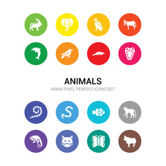 16 animals vector icons set included bull, butterfly, cat, chameleon, cheetah, clown fish, copperhead, coral snake, cottonmouth, crocodile, crow icons