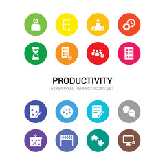 16 productivity vector icons set included productivity tools, puzzle piece, racing flag, soccer tactics diagram, speech bubbles, survey, tactics, task page with marks, tasks, teamwork, time