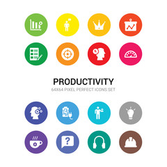 16 productivity vector icons set included hard hat, headphone, help, hot coffee, light bulb, man and dollar coin, mind charge, mind gears, mind tachometer, motivation, objective icons