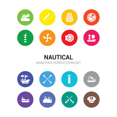 16 nautical vector icons set included navy hat, oars, ocean waves, oil tanker ship, old galleon, oxygen tank, paddles, pirate ship, port and starboard, porthole, propeller icons