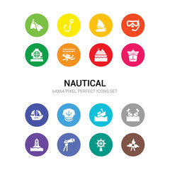 16 nautical vector icons set included boat screw, boat steering wheel, boat telescope, buoy, buoys, capsizing, captain hat, caravel, cargo ship front view, cruise ship, diver icons