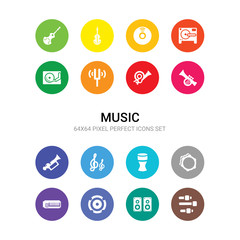 16 music vector icons set included sound mixer, sound system, speaker, synthesizer, tambourine, timpani, treble clef, trombone, trumpet, tuba, tuning fork icons
