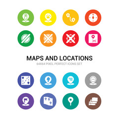 16 maps and locations vector icons set included map layer, map pin, map transports, marked place, minus location, motion, national park pin, navigation trajectory, nearby, no gps, no stopping icons