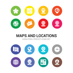 16 maps and locations vector icons set included disabled, distance, down chevron, earth grid, east, favorite place, find location, find on map, football field pin, forbidden, geo cordinates icons