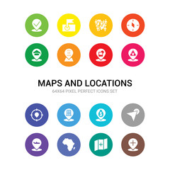 16 maps and locations vector icons set included add location, add to map, africa, airport pin, arrow on map, bank pin, building pin, center, church, club location, you are here icons