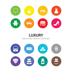 16 luxury vector icons set included fedora hat, fragrance, ganster, gem, gemstone, gold bar, gold ingot, handbag, high heels, jewelry store, lux car icons