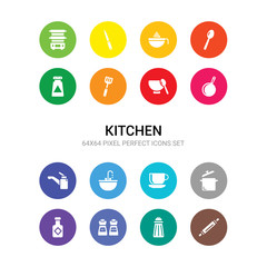 16 kitchen vector icons set included rolling pin, salt, salt and pepper, sauce, saucepan, saucer, seasoning, sink, skillet, soup bowl, spatula icons