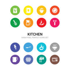 16 kitchen vector icons set included microwave oven, mixer, muffin pan, mug, noodles, olive oil, pan, pastry bag, peeler, pepper, pitcher icons