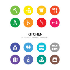 16 kitchen vector icons set included jar, juicer, ketchup, kettle, kitchen, kitchen cabinet, mitten, scale, tap, knife, knife sharpener icons