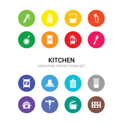 16 kitchen vector icons set included cookie cutter, cooking pot, corkscrew, crock-pot, custard cup, cutting board, extractor hood, flour, fork, french press, fridge icons