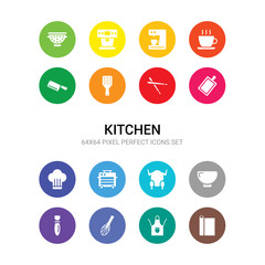 16 kitchen vector icons set included aluminum foil, apron, beater, bottle opener, bowl, broiler, bun warmer, chef hat, chopping board, chopsticks, zester icons