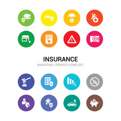 16 insurance vector icons set included savings, total loss, replacement value, beneficiary, risk pool, actual cash value, coverage area, legal expenses, bank safe, construction risk, marriage