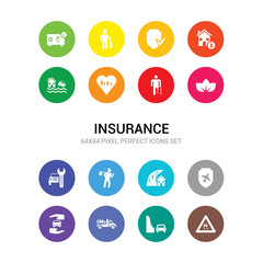 16 insurance vector icons set included slippery road, stone on the road, towed car, transport insurance, travel insurance, tsunami unemployed, vehicle repair, wellness, wounded, family icons