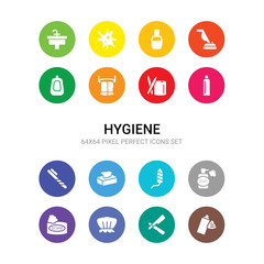16 hygiene vector icons set included shaving gel, shaving razor, shower cap, soap bar, soap dispenser, tampon, tissue, tooth brush, tooth paste, toothpick, towel icons