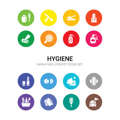 16 hygiene vector icons set included hair washing, hand mirror, handkerchief, hygiene kit, hygienic pad, lather, lens, lip balm, liquid soap, lotion, microbes icons