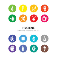 16 hygiene vector icons set included epilator, epliator, face cleanser, face cream, face cream, mask, towel, washer, flossing, foam, food hygiene icons