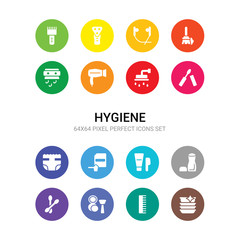 16 hygiene vector icons set included clean dishes, comb, cosmetics, cotton swab, deodorant, depilator, detergent dose, diaper, dolled up, douche, dryer icons