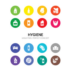 16 hygiene vector icons set included ablution, air freshener, antibacterial, antiseptic, baby wipe, bacteria, bandage, bathroom, beardy, bleach, wipes icons