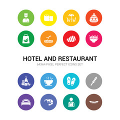 16 hotel and restaurant vector icons set included sausage, servant, shrimp, single bed, skewer, slippers, soup, spa, spaghetti, steak, sushi icons