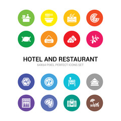 16 hotel and restaurant vector icons set included lounge, luggage, meat, minibar, napkins, nightstand, no pets, no smoking, olives, onigiri, open icons