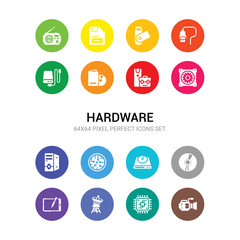 16 hardware vector icons set included big camera, big processor, big satellite, tablet, bluray cd room, circuits, computer case, computer fan, device manager, dvd icons