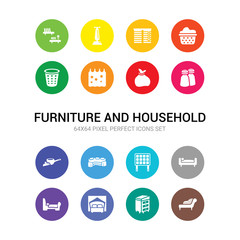 16 furniture and household vector icons set included fainting couch, davenport, canopy bed, sleigh bed, daybed, headboard, corner sofa, small saucepan, salt and pepper shakers, garbage bags, shower