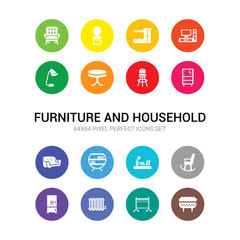 16 furniture and household vector icons set included ottoman, rack, radiator, refrigerator, rocking chair, shelf, shelves, sofa, stand, stool, table icons