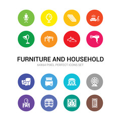 16 furniture and household vector icons set included door, double door, drawers, dressing table, fan, fireplace, freezer, furniture, hair dryer, hanger, kitchen table icons