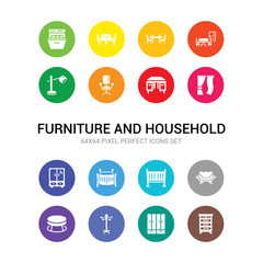 16 furniture and household vector icons set included chest of drawers, closet, coat stand, coffee table, couch, cradle, crib, cupboard, curtains, desk, desk chair icons