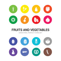 16 fruits and vegetables vector icons set included pea, peach, peanut, pear, persimmon, pineapple, pitaya, plum, pomegranate, potato, radish icons