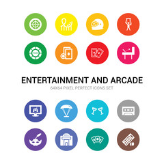 16 entertainment and arcade vector icons set included lottery game, magic cards, mall, masquerade, music tape, nightclub, paraplane, pc game, pinball, playing cards, poker icons