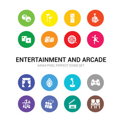 16 entertainment and arcade vector icons set included cinema seat, clapboard, club, concert, controller, controls, crystal, curtain stage, dance, dart, dice icons