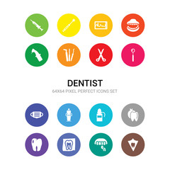 16 dentist vector icons set included dental protection, dental veneer, dental x ray, dentist, dentist apple, bottle with liquid, chair, mask, mirror, scissors, tools icons