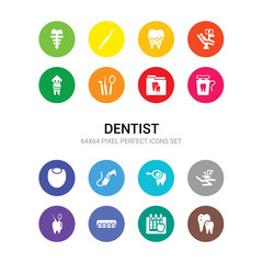 16 dentist vector icons set included dental, dental appointment, dental brackets, care, chair, checkup, drill, filling, floss, folder, hook icons
