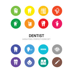 16 dentist vector icons set included anesthesia, apicoectomy, baby dental, bacteria in mouth, bicuspid, braces, breath, broken tooth, brushing teeth, caries, cavities icons