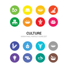 16 culture vector icons set included rice pudding, rio de janeiro, ruble, samovar, sha cha mian, skull of a bull, sleigh bell, spring rolls, steamed bread, surfing a sea turtle, sweet and sour pork