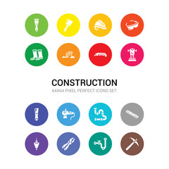 16 construction vector icons set included pick axe, pipe, plier, plumb bob, plumb rule tool, plumbing pipes, polishers, putty knife, rammer, retractable trimming knife, road construction icons