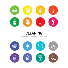16 cleaning vector icons set included hand washing, hard water, hoover, hot water, housekeeping, hygroscopic, ironing, laundry, liquid, mop, neat icons